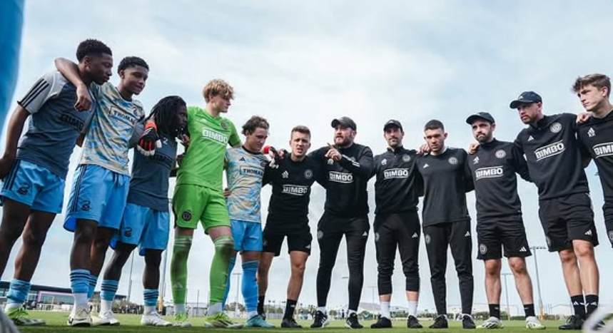 Philadelphia Union Academy squad in a training huddle